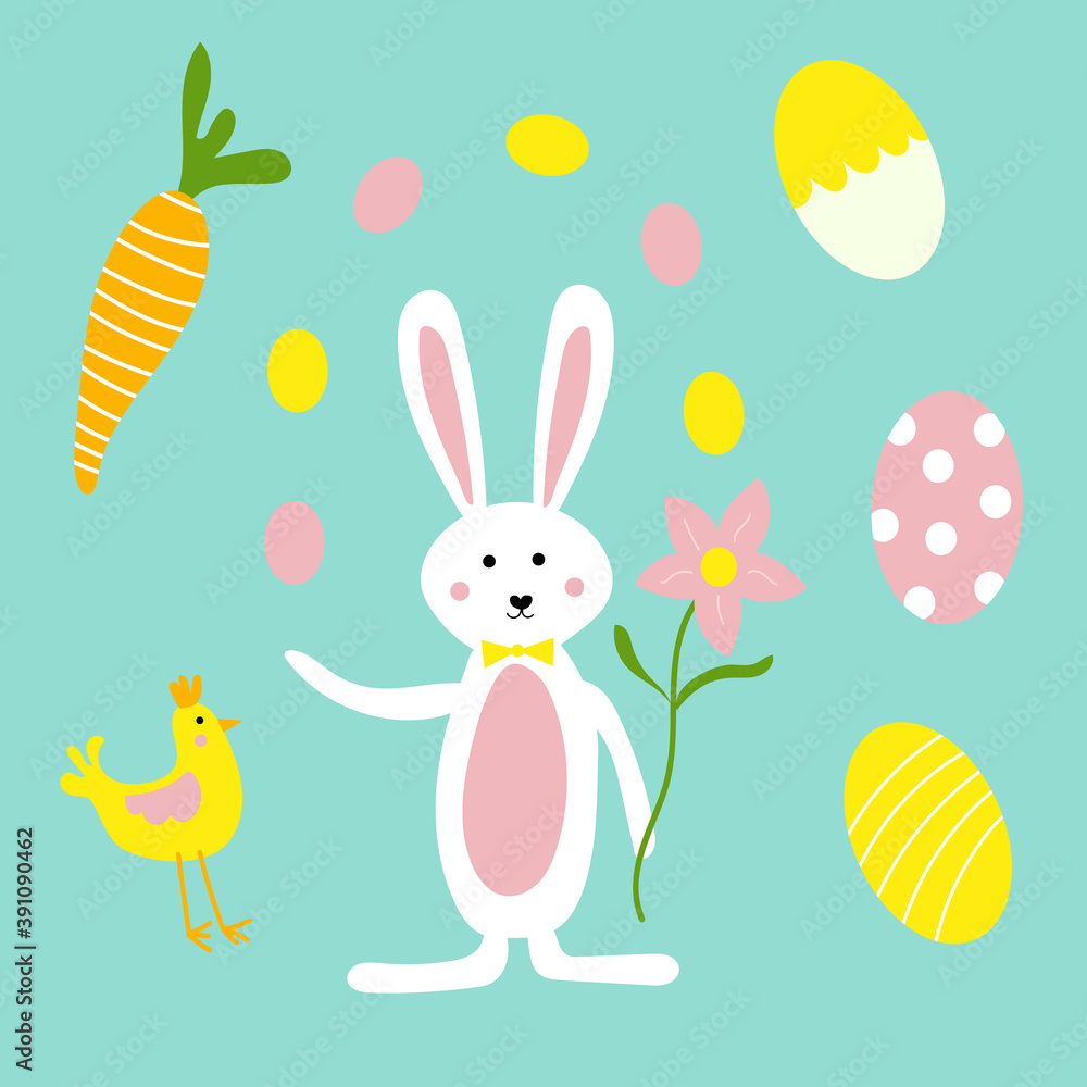 Cute Easter Bunny, Flowers, Carrots and Chicken