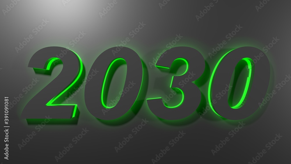 2030 black write on black surface with green backlight - 3D rendering illustration 2030 black write on black surface with green backlight - 3D rendering illustration