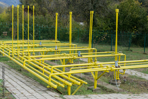 Lots of gas pipes. Yellow gas pipes. Gas industry. Natural gas.