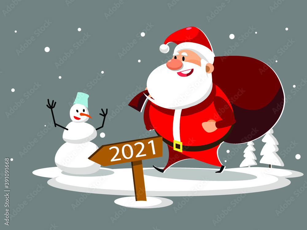 Santa Claus carries gifts to children in a large bag. Happy New Year 2021. Stock vector illustration
