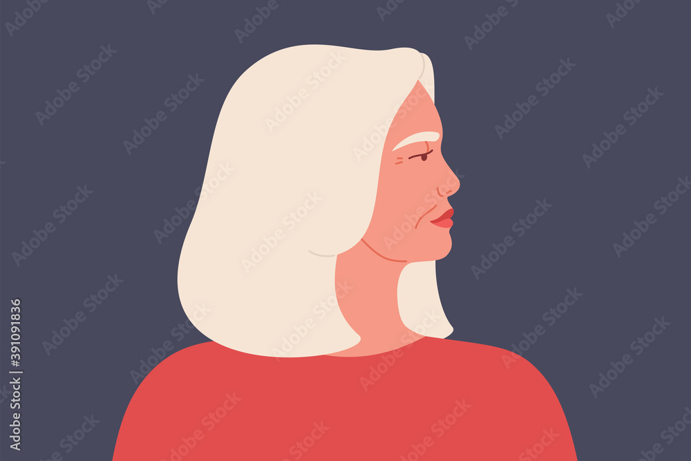 Mature caucasian woman portrait side view. Confident senior business female with gray middle hair and wrinkles. Vector illustration Mature caucasian woman portrait side view. Confident senior business female with gray middle hair and wrinkles. Vector illustration