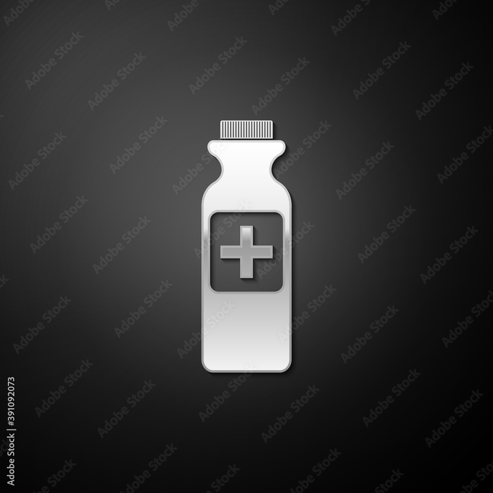 Obraz premium Silver Medicine bottle icon isolated on black background. Bottle pill sign. Pharmacy design. Long shadow style. Vector.