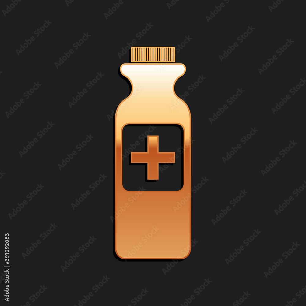 Gold Medicine bottle icon isolated on black background. Bottle pill sign. Pharmacy design. Long shadow style. Vector. Gold Medicine bottle icon isolated on black background. Bottle pill sign. Pharmacy design. Long shadow style. Vector.