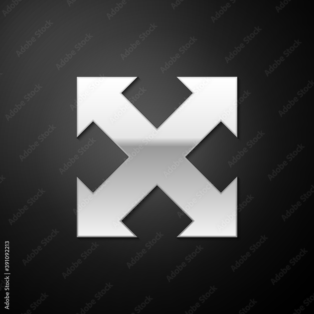 Silver Arrows in four directions icon isolated on black background. Long shadow style. Vector. Silver Arrows in four directions icon isolated on black background. Long shadow style. Vector.