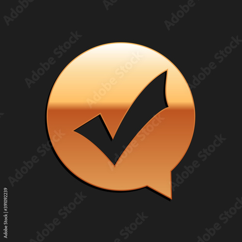 Gold Check mark in circle icon isolated on black background. Choice button sign. Checkmark symbol. Speech bubble icon. Long shadow style. Vector.