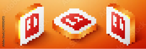 Isometric PDF file document icon isolated on orange background. Download PDF button sign. Orange square button. Vector.
