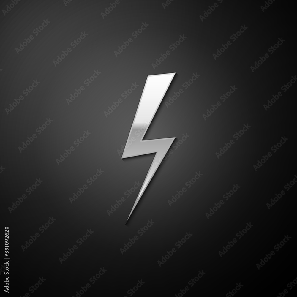 Silver Lightning bolt icon isolated on black background. Flash icon. Charge flash icon. Thunder bolt. Lighting strike. Long shadow style. Vector. Silver Lightning bolt icon isolated on black background. Flash icon. Charge flash icon. Thunder bolt. Lighting strike. Long shadow style. Vector.