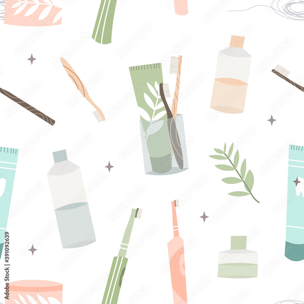 Oral care and health. Dental cleaning tools: toothbrush, toothpaste, dentifrice, dental floss, mouthwash, tongue scraper. Dental hygiene, teeth care. Vector flat cartoon illustration, seamless pattern
