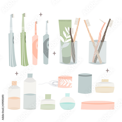 Oral care. Dental cleaning tools: bamboo toothbrush, electric toothbrush, toothpaste, dentifrice, dental floss, mouthwash, tongue scraper. Dental hygiene, teeth care. Vector flat cartoon illustration
