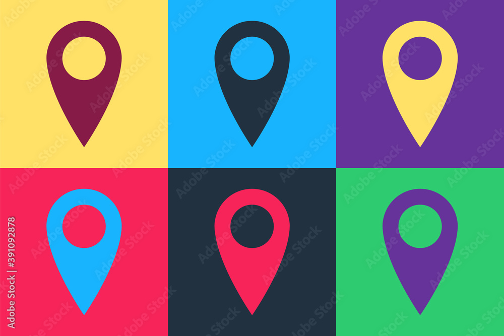 Pop art Location icon isolated on color background. Pointer symbol. Navigation map, gps, direction, place, compass, contact, search concept. Vector illustration Pop art Location icon isolated on color background. Pointer symbol. Navigation map, gps, direction, place, compass, contact, search concept. Vector illustration