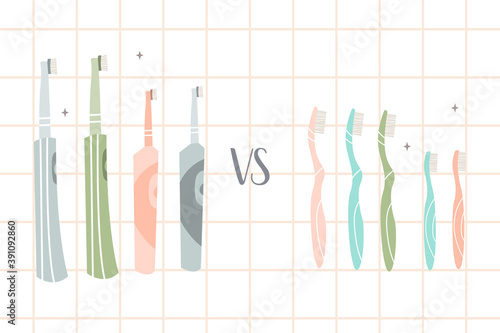 Dental cleaning tools: electric toothbrush vs plastic toothbrush. Oral care. Dental hygiene, teeth care. Vector flat cartoon illustration, landing page template, banner design, web