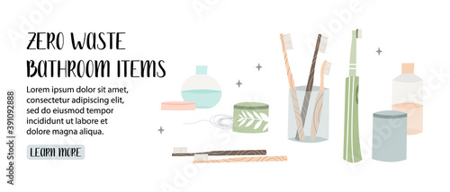 Zero waste bathroom, ecologic items. Oral care. Dental cleaning tools. Dental hygiene, teeth care. Vector flat cartoon illustration, landing page template, banner design, web
