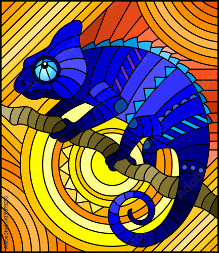 Illustration in stained glass style with abstract geometric blue chameleon and sun on an orange background