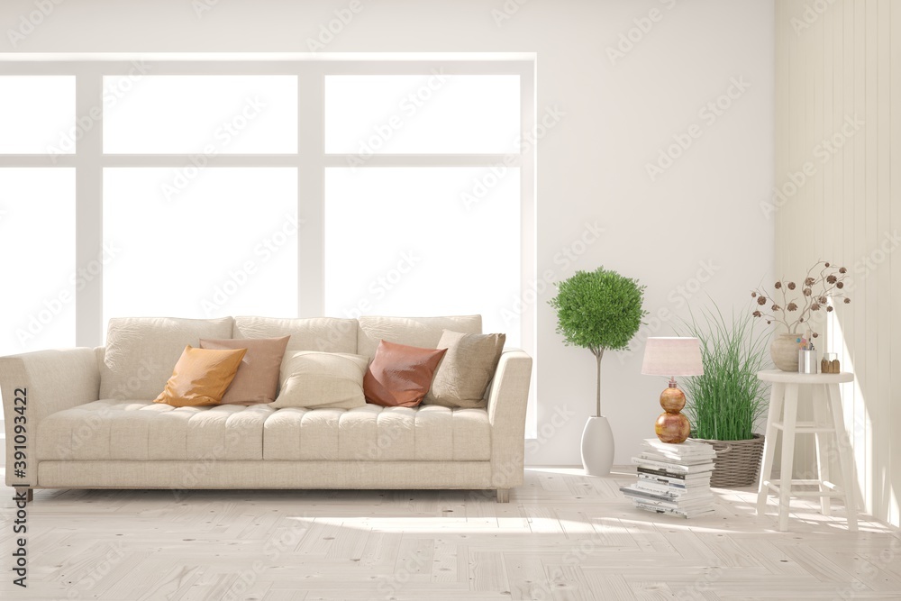Fototapeta premium White living room with sofa. Scandinavian interior design. 3D illustration
