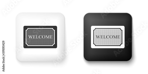Black and white Doormat with the text Welcome icon isolated on white background. Welcome mat sign. Square button. Vector.