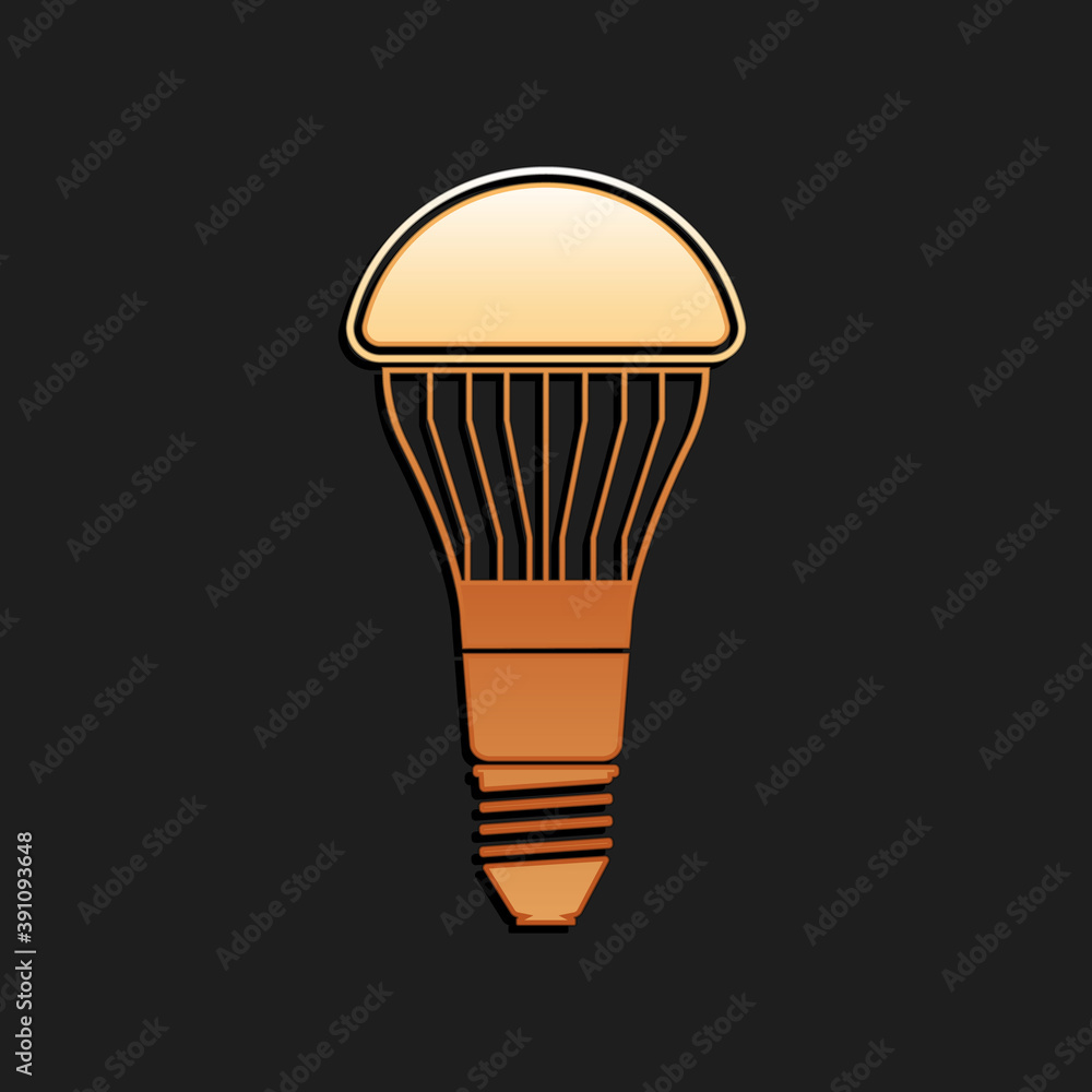 Gold LED light bulb icon isolated on black background. Economical LED illuminated lightbulb. Save energy lamp. Long shadow style. Vector. Gold LED light bulb icon isolated on black background. Economical LED illuminated lightbulb. Save energy lamp. Long shadow style. Vector.
