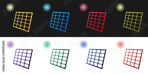 Set Solar energy panel and sun icon isolated on black and white background. Vector.