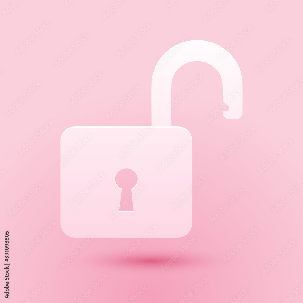 Paper cut Open padlock icon isolated on pink background. Opened lock sign. Cyber security concept. Digital data protection. Safety safety. Paper art style. Vector. Paper cut Open padlock icon isolated on pink background. Opened lock sign. Cyber security concept. Digital data protection. Safety safety. Paper art style. Vector.