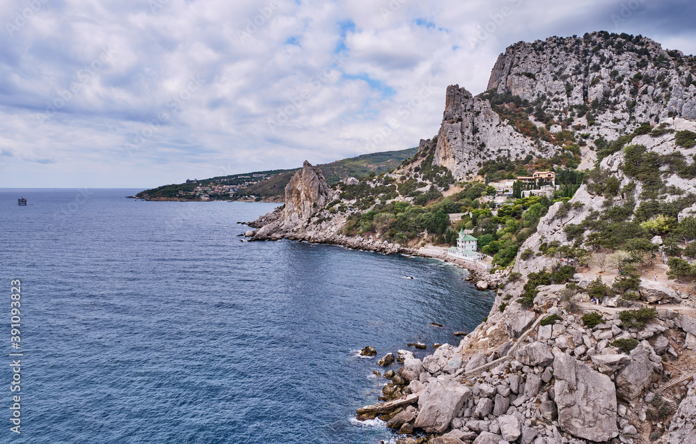 Coastal seascape landscape. Mount Cat, Koshka, the black sea coast near Yalta, town Simeiz, Crimea