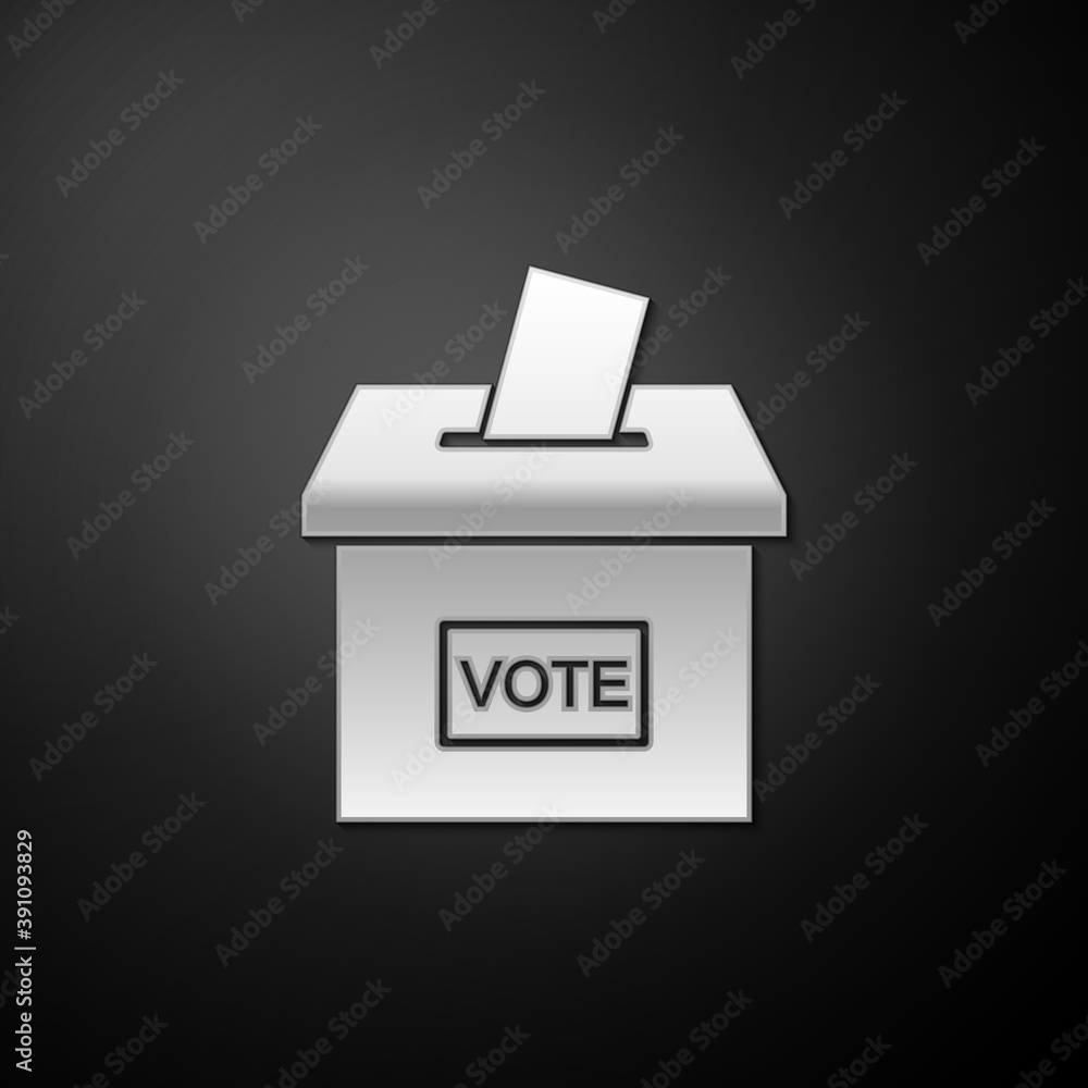 Silver Vote box or ballot box with envelope icon isolated on black background. Long shadow style. Vector. Silver Vote box or ballot box with envelope icon isolated on black background. Long shadow style. Vector.