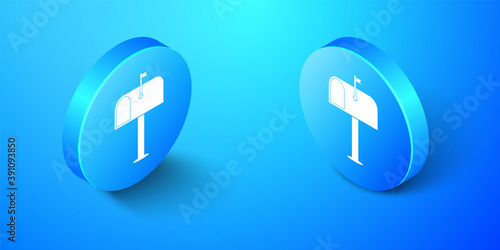 Isometric Mail box icon isolated on blue background. Mailbox icon. Mail postbox on pole with flag. Blue circle button. Vector.