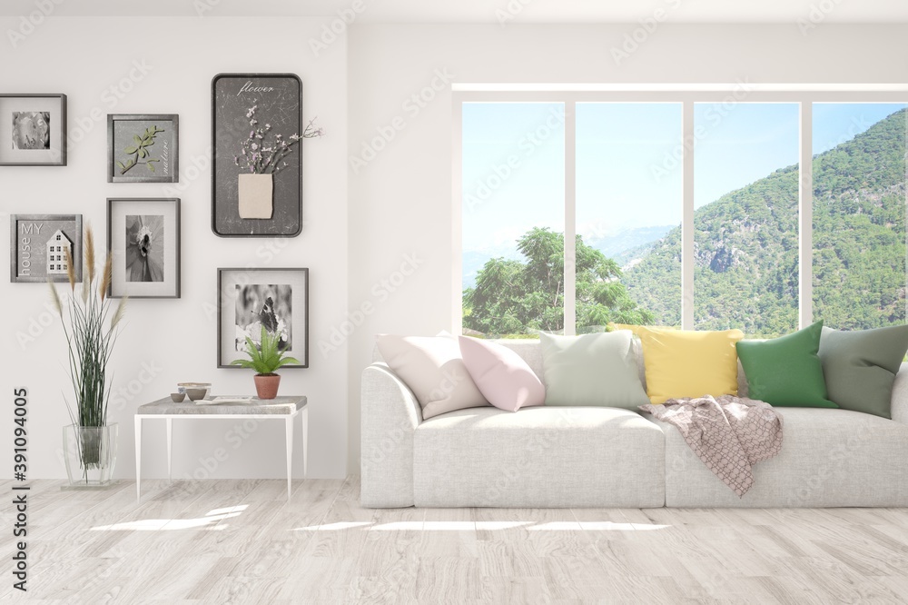 White living room with sofa and summer landscape in window. Scandinavian interior design. 3D illustration White living room with sofa and summer landscape in window. Scandinavian interior design. 3D illustration