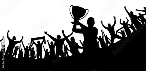 Football poster with the winning football team with the Cup in their hands and fans, vector illustration. Fans, a crowd of people.