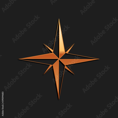 Gold Wind rose icon isolated on black background. Compass icon for travel. Navigation design. Long shadow style. Vector.