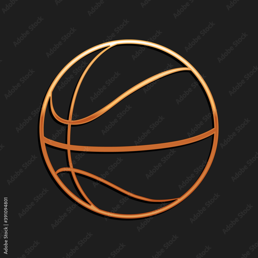 Gold Basketball ball icon isolated on black background. Sport symbol. Long shadow style. Vector.