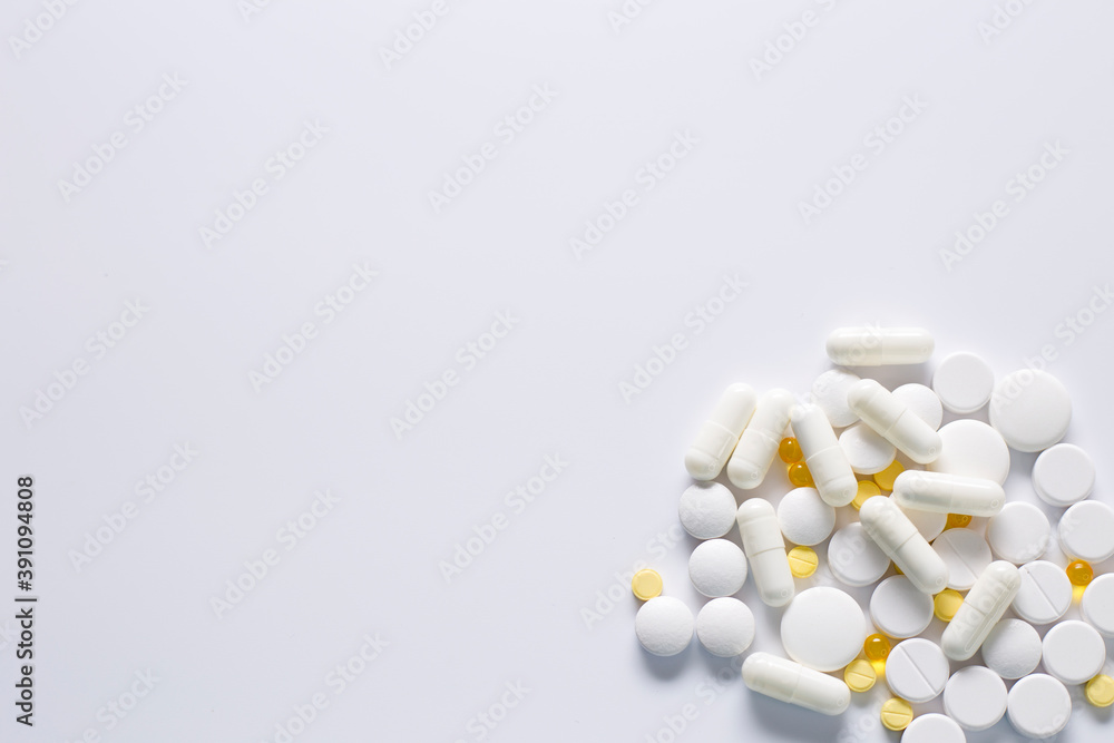 medicine, pills, capsule, vitamins, health, disease, pandemic, COVID-19, therapy, white yellow, medical, isolated, medication, pharmacy, treatment, prescription, pharmaceutical, healthcare, pain