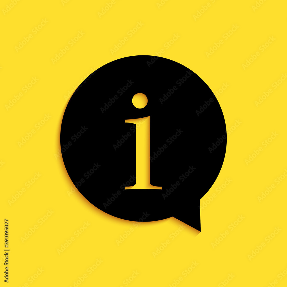 Black Information icon isolated on yellow background. Long shadow style. Vector. Black Information icon isolated on yellow background. Long shadow style. Vector.