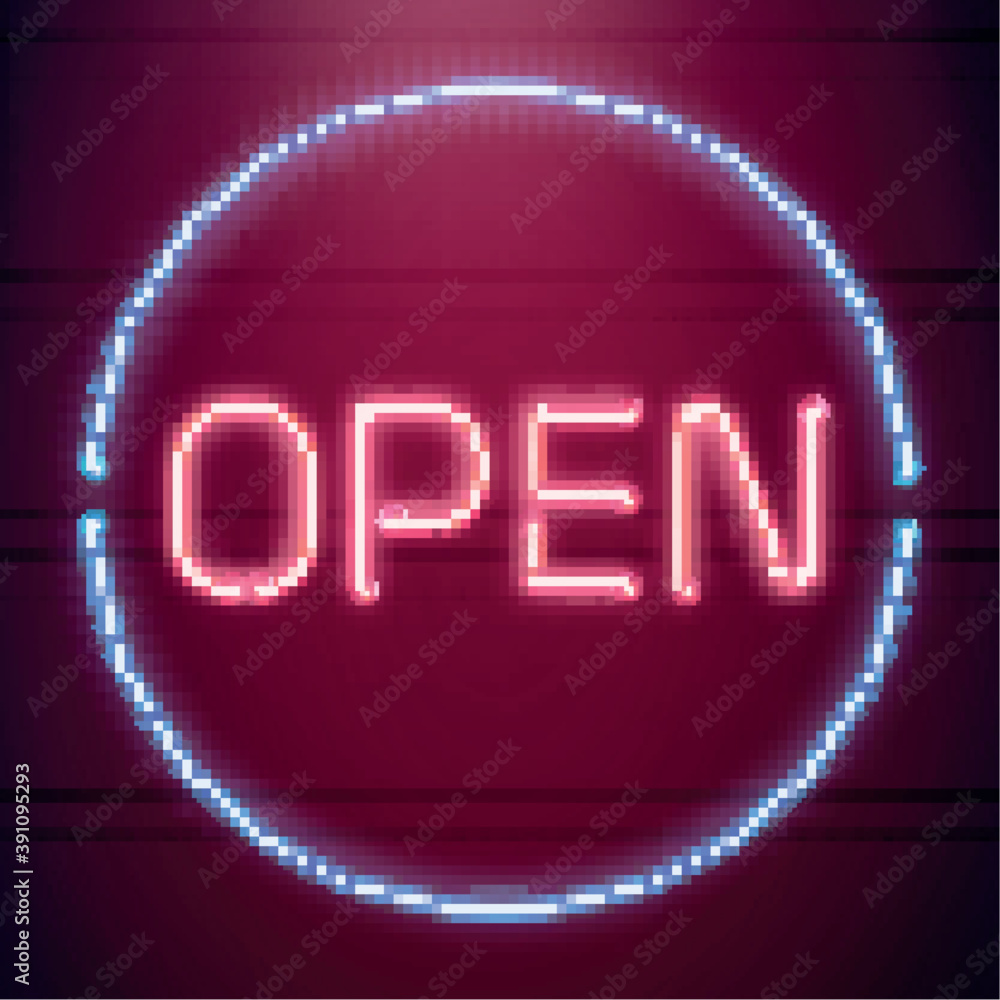 Bar open light Neon Sign. Night store red glowing letters . Open 24