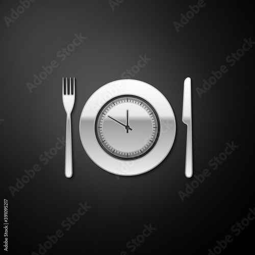 Silver Plate with clock, fork and knife icon isolated on black background. Lunch time. Eating, nutrition regime, meal time and diet concept. Long shadow style. Vector.