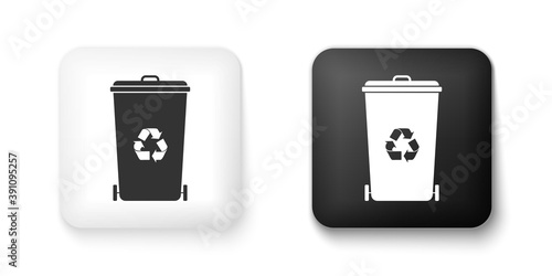 Black and white Recycle bin with recycle symbol icon isolated on white background. Trash can icon. Garbage bin sign. Recycle basket icon. Square button. Vector.