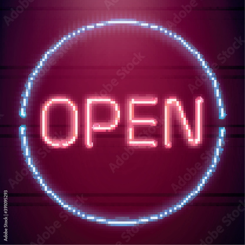 Bar open light Neon Sign. Night store red glowing letters . Open 24 hours sign