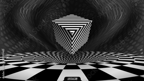 Fractal fantasy geometrical optical illusion cube. Hypnotic lines square. Illusion of black and white checker texture. Web technology business background. Wormhole geometric checkered wallpaper vector