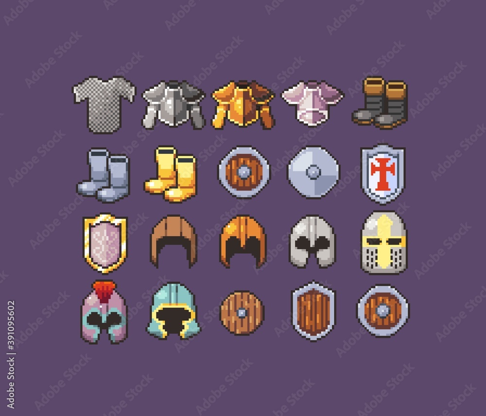 Pixel Art Armor Icons containing chest plate, helmet, boots, shields,  chainmail. Stock Illustration | Adobe Stock