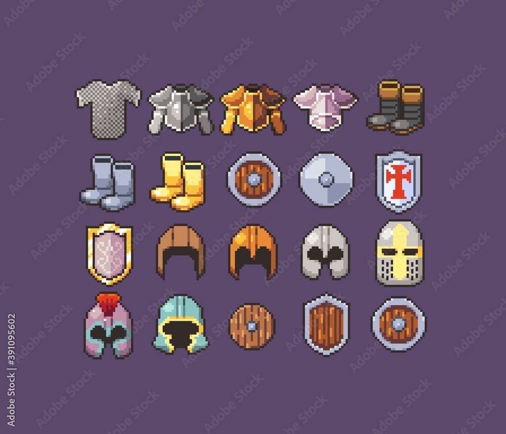 Pixel Art Armor Icons containing chest plate, helmet, boots, shields, chainmail. Stock