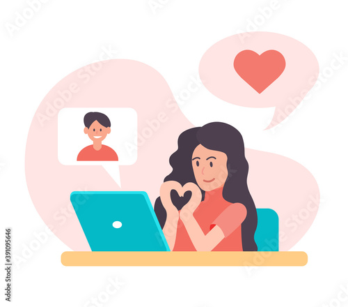 Virtual online date video communication. Girl calls boyfriend, gestures hands show shape of heart. Love relationships at distance. Message on laptop. Valentine's day concept.Vector flat illustration.
