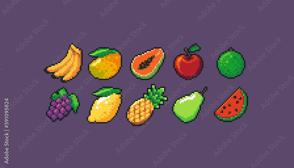 Pixel Fruits For Games Icons Vector Set Stock Illustration - Download Image  Now - 2015, Apple - Fruit, Banana - iStock