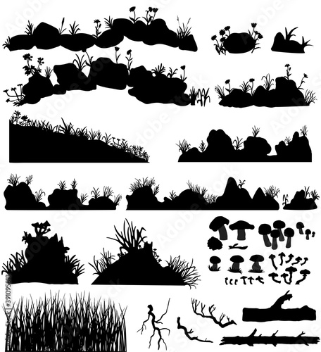 Big set of the vector stones and rocks with grass and flowers. Mountain tall and short plants, grassy hummocks, stumps, mushroom hand drawn silhouettes.