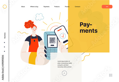 Business topics -payment, web template, header. Flat style modern outlined vector concept illustration. Waitress holding pos-terminal. A customer paying with phone, scanning QR code. Business metaphor