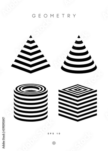 Optical illusion vector pyramid. Cylinder stripes background. Cube Logo optical abstract black and white lines design. Circle geometric round shape. Cone vector symbol op stripe modern 3d geometry.