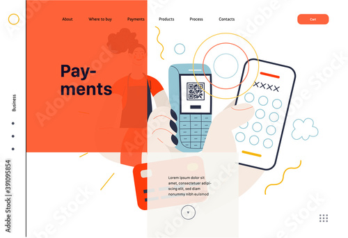 Business topics - payment, web template, header. Flat style modern outlined vector concept illustration. A waitress holding a pos-terminal. A customer paying with pin code on phone. Business metaphor.