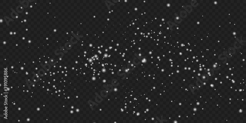 Realistic snowfall cloud effect. White snow cloud with blizzard on transparent dark background. Smog, mist, cold fog or winter cloud vector illustration for weather forecast or photo decoration.