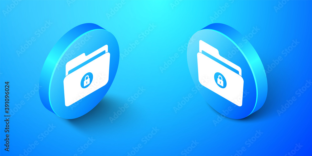 Isometric Folder and lock icon isolated on blue background. Closed folder and padlock. Security, safety, protection concept. Blue circle button. Vector. Isometric Folder and lock icon isolated on blue background. Closed folder and padlock. Security, safety, protection concept. Blue circle button. Vector.