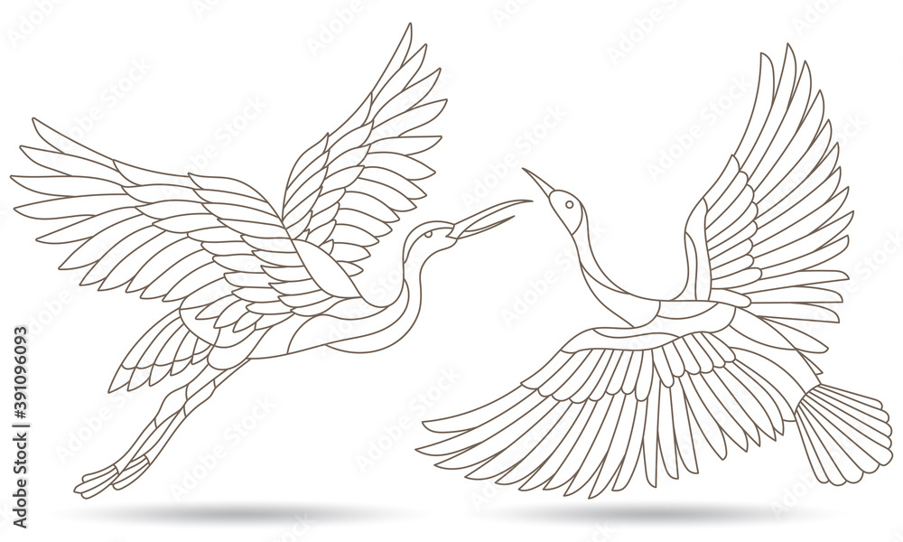 Set of contour illustrations of stained glass Windows with swans, dark outline birds isolated on a white background Set of contour illustrations of stained glass Windows with swans, dark outline birds isolated on a white background