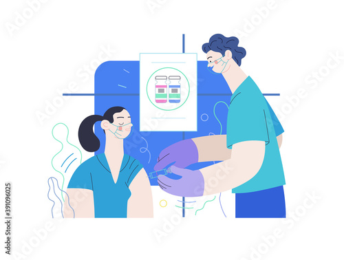 Medical insurance - coronavirus COVID-19 vaccination -modern flat vector concept digital illustration of a therapist vaccinating a female patient, medical office or laboratory