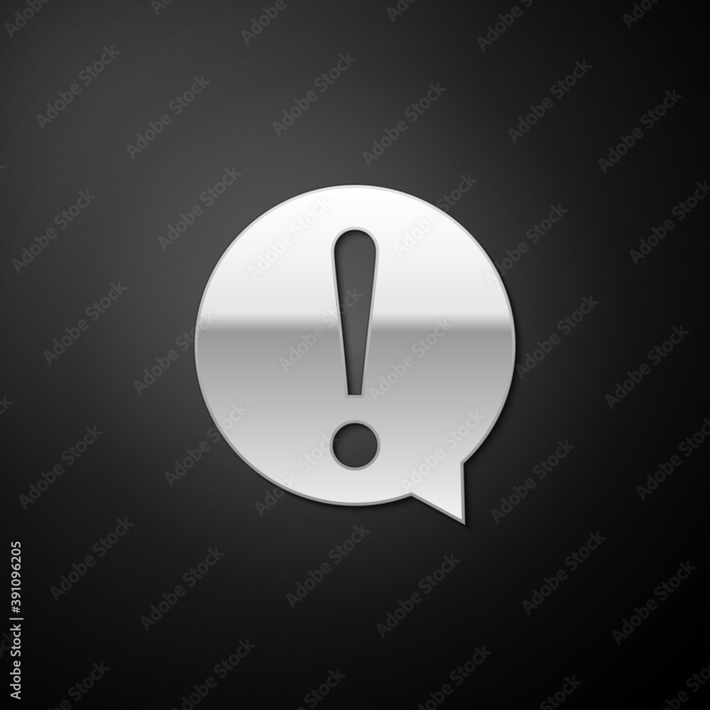 Silver Exclamation mark in circle icon isolated on black background. Hazard warning symbol. FAQ sign. Copy files, chat speech bubble. Long shadow style. Vector. Silver Exclamation mark in circle icon isolated on black background. Hazard warning symbol. FAQ sign. Copy files, chat speech bubble. Long shadow style. Vector.