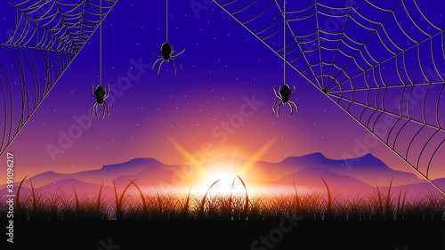 Spider Web On Dark Background With Moon Halloween Design Elements Spooky Scary Horror Decor Vector